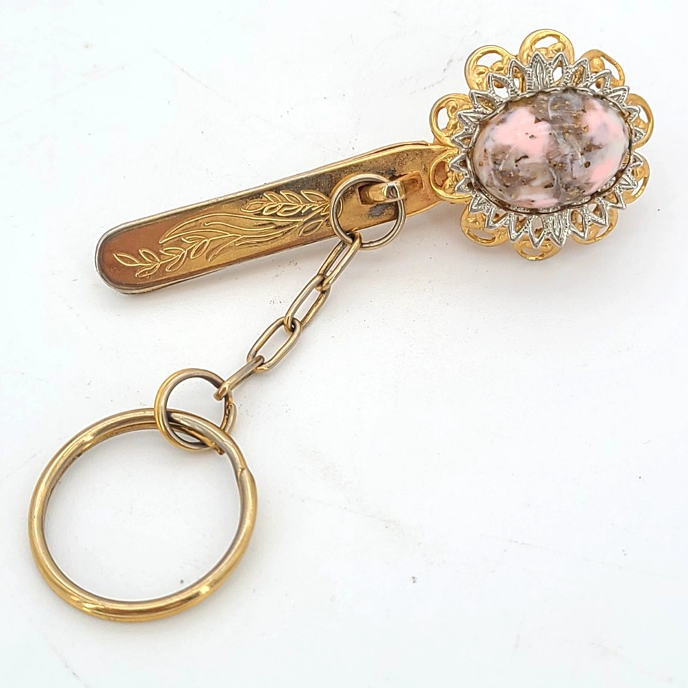 Vintage Gold Pink Jasper Gemstone Keychain Kings Easy Key Finder Clip For Keys
